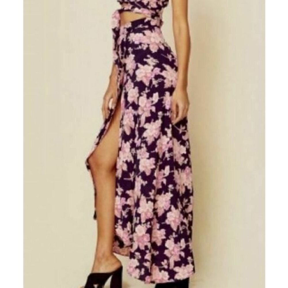 New Flynn Skye Wrap It Up Maxi Skirt Womens XS Black Blossoms Rayon Pink
